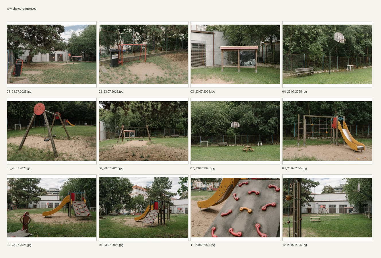 Referenční obrázek obnoveného hřiště U Pošty se zelení a herními prvky